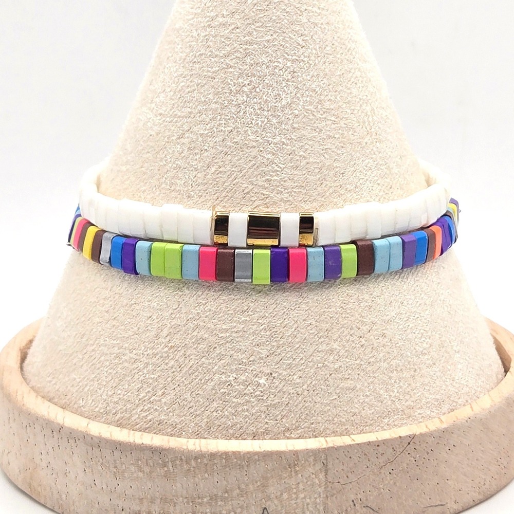 Set of 2 Multi-Color and White Miyuki Tila Bead Stretch Bracelets Gold Tone